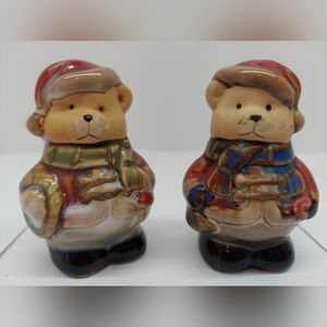 Christmas holiday teddy bear Santa hats salt & pepper shakers gift stocking